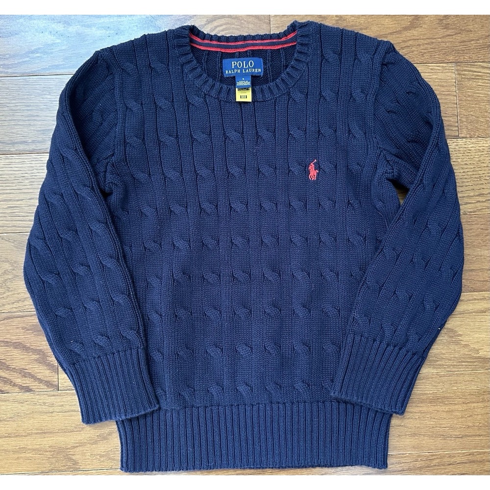 Polo Ralph Lauren Boys Cable Knit Sweater Navy Blue 100% cotton Size 5 EUC